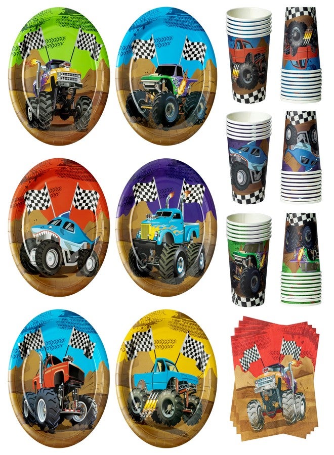 K1tpde Monster Truck Party Tableware - 30set Monster Truck Theme Tablewares Set Included Disposable Checkered Flag Paper Cup Napkins for Boys Happy Birthday Decorations Party Suppliess, 30 Guest - Image 1